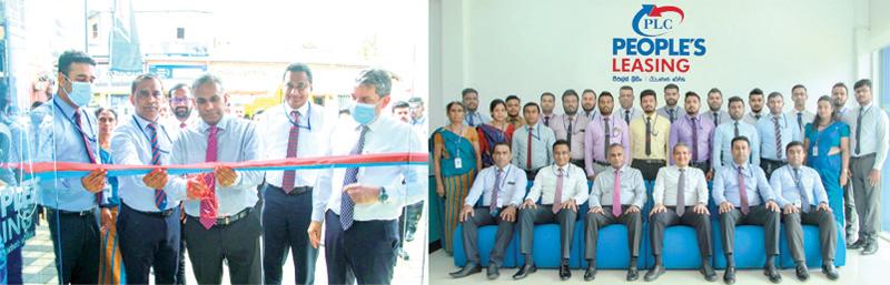 Chairman, PLC, Pradeep Amirthanayagam (center), CEO Shamindra Marcelline (first from right), Senior DGM Laksanda Gunawardena (second from right), Chief Manager, Branch Network (second from left), Susil Priyantha, Kuliyapitiya Branch Manager Kushan Herath (first from left) open the branch. (On right): Staff of the Kuliyapitiya Branch with the management.