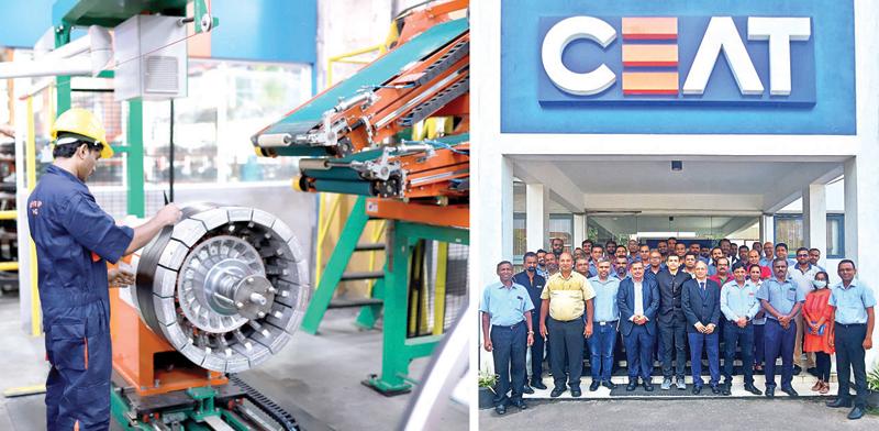 A radial tyre building machine at the CEAT Kelani production complex (left) and key members of the teams from the CEAT plants in Kelaniya and Kalutara involved in securing the IATF certification.