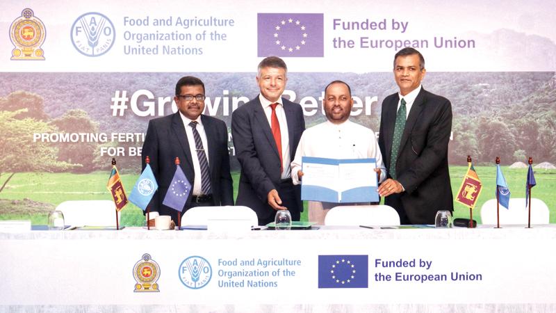 (From left) Agriculture Ministry Secretary Gunadasa Samarasinghe, European Union Ambassador to Sri Lanka and the Maldives, Denis Chaibi, Agriculture Minister Mahinda Amaraweera and FAO Representative for Sri Lanka and the Maldives Vimlendra Sharan at the signing of the project document in Colombo recently. 