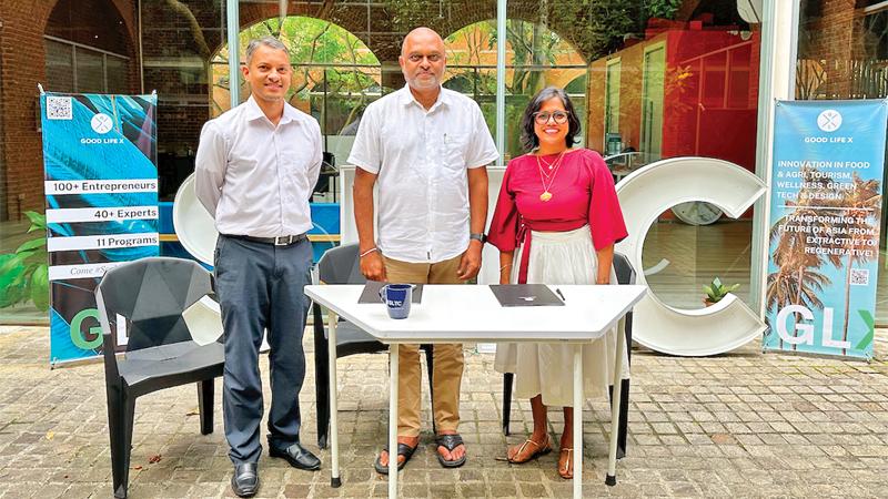 SLTC, Director Planning and Operations, Heminda Jayaweera, SLTC Founder President and CEO Ranjith G. Rubasinghe, with Good Life X, Founder and CEO Randhula de Silva at the signing of the MoU.