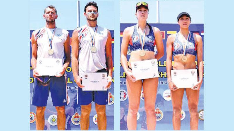 French men spikers Olivier  Barthelemy and Samuel Cattet  on the podium-French womens spikers Aline  Chamereau and Clemence Vieira  on the podium