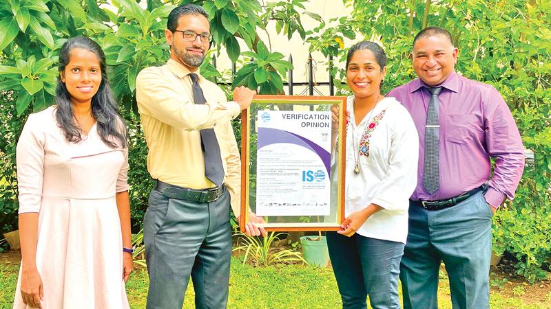 The House of Lonali receives the ISO 14065 Certificate. (From left): Lead Associate, Sustainability Assurance and Advisory Services, SFG, Harshini Rananjali;, Manager, Sustainability Assurance and Advisory Services, SFG, Sajeewa Ranasinghe, Founder and CEO, House of Lonali, Lonali Rodrigo and CEO, CCC, Sanith De Silva Wijeyeratne