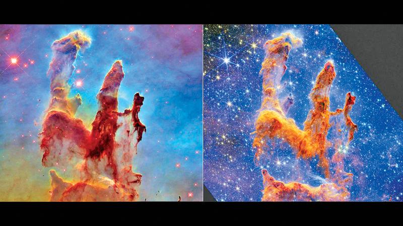 Left: A picture of a nebula (pillars of creation) captured by the Hubble Space Telescope in 2014. Right: A picture of the same nebula taken by the James Webb Space Telescope that NASA released on October 19, 2022