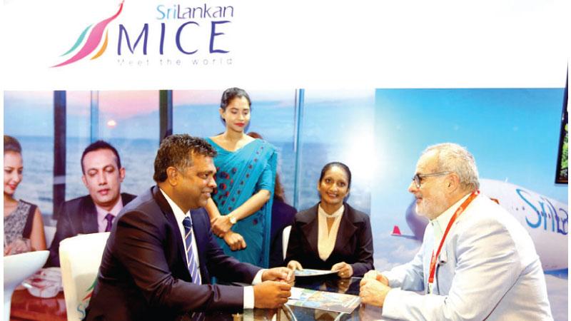 Sri Lanka has emerged as a popular destination for MICE tourism, offering the perfect blend of natural beauty, cultural diversity, and modern infrastructure. MICE Expo 2023 concluded last week with 22 exhibitors and 75 vendors from Sri Lanka attending it. Here Country Manager Srilankan Airlines, Dimutu Tennakoon with Founder and Managing Director, BML International, UK, Dimitri Laspas at the event.  Pic: Sulochna Gamage