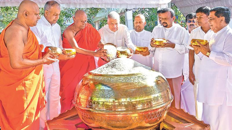 President Ranil Wickremesinghe together with the Maha Sangha, Agriculture Minister Mahinda Amaraweera and dignitaries join in offering the rice to the Jaya Sri Maha Bodhiya in Anuradhapura yesterday. Picture by PMD.