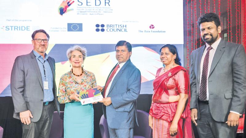 From left: SEDR Team Leader Jacques Carstens, Head of Development Cooperation of the European Union to Sri Lanka and the Maldives Beatrice Bussi, Minister of Justice, Prison Affairs and Constitutional Reforms Dr. Wijeyadasa Rajapakshe, Addl Secretary, Ministry of Justice Krishanthi Meegahapola  and Secretary – Mediation Boards Commission Priyanath Perera.