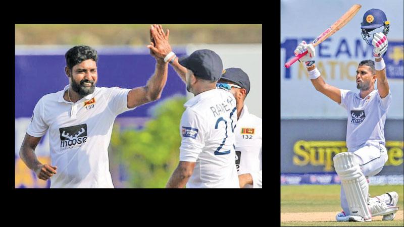 Player of the first Test Prabath Jayasuriya (left) is congratulated by team mates Ramesh Mendis and Kusal Mendis-Dinesh Chandimal genuflects as he marks his return to contention with a solid century in the first Test against Ireland in Galle (Pix SLC)