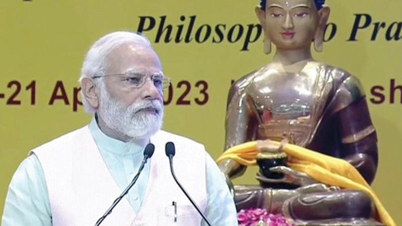 Indian Prime Minister Narendra Modi addressing the first Global Buddhist Summit in New Delhi recently