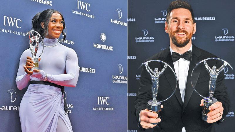 Shelly-Ann Fraser-Pryce-Lionel Messi with his Awards