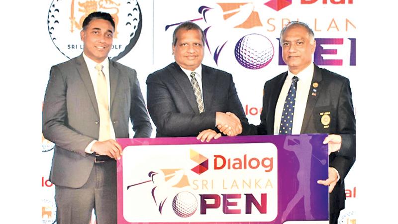 From left: Harsha Samaranayake (Vice President - Brand and Media, Group Marketing Dialog Axiata), Navin Peiris (Group Chief Officer, Dialog Enterprise) and Michael Magala Perera (president of SLG) at the sponsorship ceremony (Pic by Sudath Malaweera)