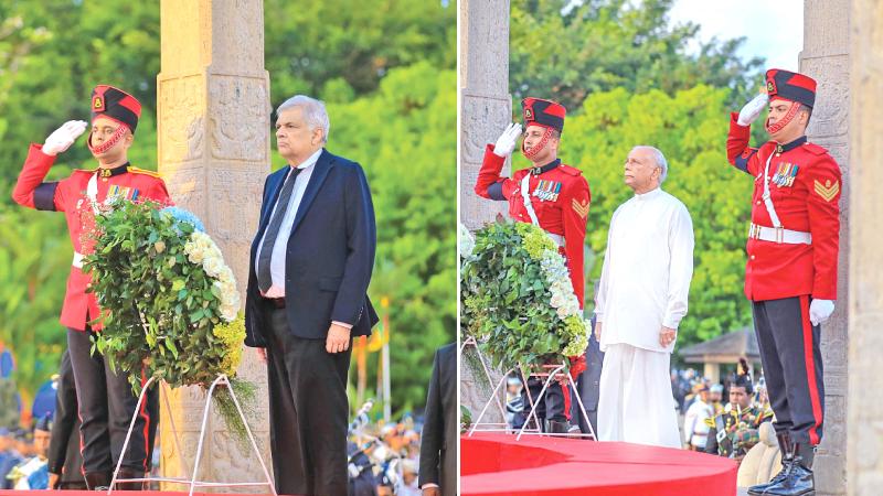 President Ranil Wickremesinghe and Prime Minister Dinesh Gunawardena honouring the fallen War Heroes of the nation at the 14th National War Heroes Commemoration at the War Heroes Memorial, Battaramulla yesterday.