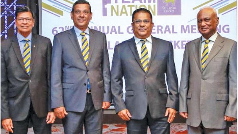 The reelected heavyweights of Sri Lanka Cricket: From left Mohan de Silva (secretary), Ravin Wickremaratne (vice president), Shammi Silva (president) and Jayantha Dharmadasa (vice president)