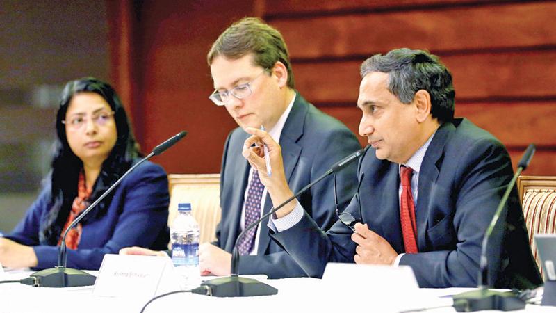 Director of the Asia and Pacific Department, IMF,  Krishna Srinivasan, Senior Mission Chief for Sri Lanka, Asia and Pacific Department, IMF, Peter Breuer and, IMF Resident Representative in Sri Lanka, Sarwat Jahan in Colombo. Pic: Sulochana Gamage
