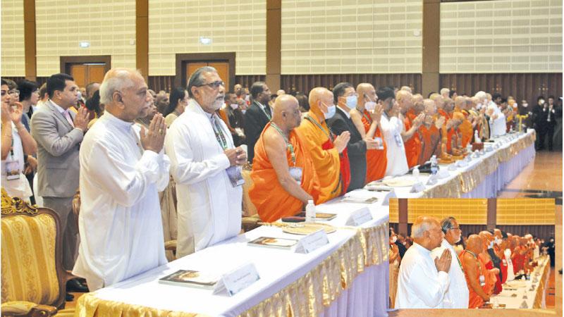 Prime Minister Dinesh Gunawardena and Buddhasasana, Religious and Cultural Affairs Minister Vidura Wickramanayaka at the United Nations Vesak Day celebrations in Thailand. 