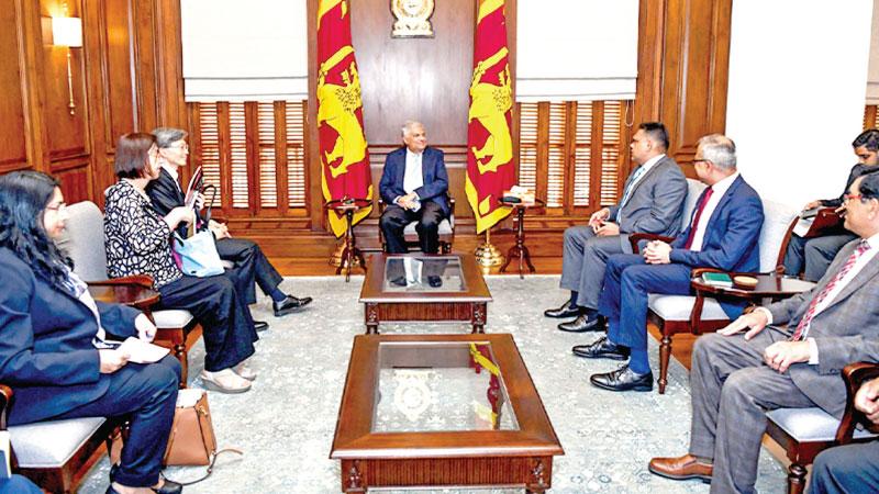 President Ranil Wickremesinghe with IMF representatives.  Pic: Courtesy PMD