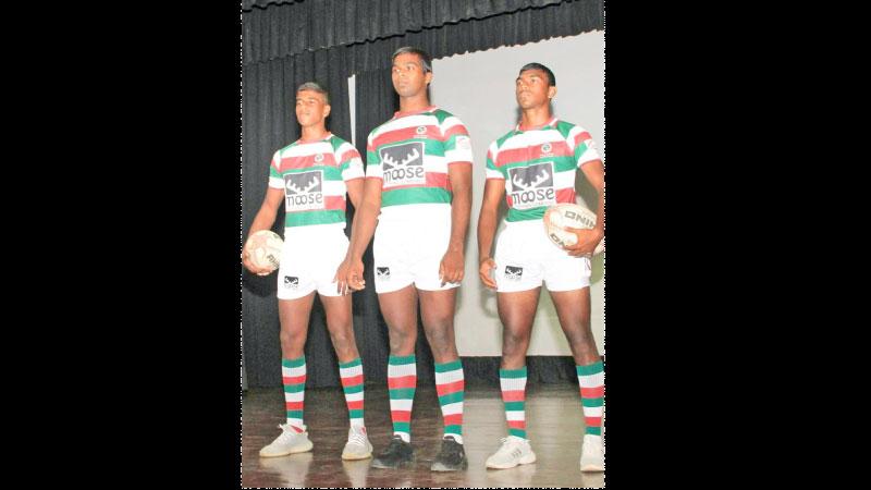 Three Zahira College rugby players (from left) Suhaad Endra, Abdulla Naushad and Saad Althaf sport their new kit for the 2023 inter-school rugby season. Zahira is the second oldest rugby playing school after Royal College and before St. Peter’s College (Pic by Wimal Karunathilaka)