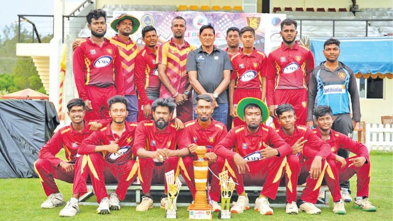 The winning Koddaimunai SC team comprising M Sharuhan, M Mayurathan, P Mithursan, M Surappulige, C Nishantha, S Thivarshan, S Abinesh, A Peralan, T Kokularaja, T Rishnikaran, A Anojan, U Nirukshan,  M Sujitharan, H Vithutharan and N Sharukshan pose with their trophy in the presence of match architect, Sri Lanka Youth Selector and former First Class coach Ranjan Paranavithana. The team was coached by  M Surappulige, C Nishantha and S Mithiraj