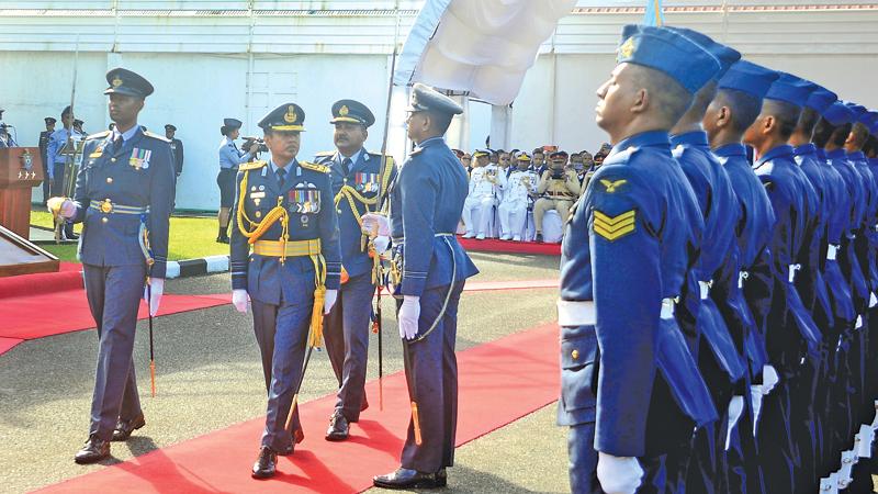 The new Sri Lanka Air Force Commander Air Vice Marshal Udeni Rajapaksa inspects the  guard of honour after assuming duties. Pic by Gayan Pushpika