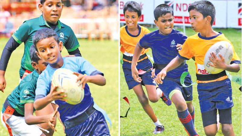 Left picture Little Nevan of S. Thomas’ Prep goes through in their U-10 game against Isipathana and Kevin from St. Peter’s (right picture) runs unchallenged against Thurstan (Pix by Chinthaka Kumarasinghe)