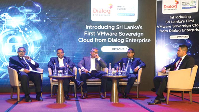 The panel discussion in progress. (From left): General Counsel and Vice President, Group Legal and Regulatory of Dialog Axiata, Trinesh Fernando, CEO of LankaPay, Channa De Silva,  CIO of Seylan Bank, Harsha Wanigatunga,  Chairman,  Drafting Committee, Sri Lanka Personal Data Protection Act and Digital Law Specialist Jayantha Fernando and moderator Ajmal Hussein.  