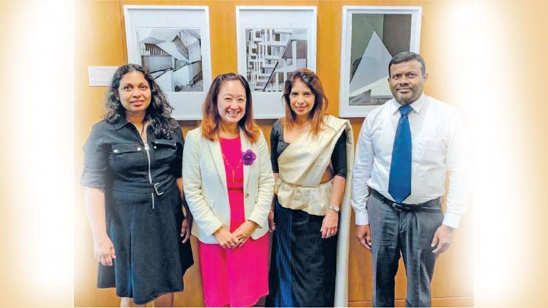    From left: Ms. Sadeesha Hulangamuwa, Secretary of the America Sri Lanka Photographic Art Society,  US Ambassador to Sri Lanka Julie Chung, Ms. Hiranthi De Silva, Photographer, Senior Vice President, Wholesale Banking, Union Bank of Colombo PLC,  and K.T. Shantha Udaya Kumara Jayalath, Branch Manager of the America  Lanka Photographic Art Society, Sri Lanka.