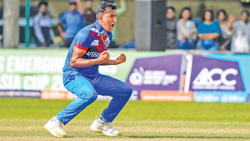 Afghanistan’s budding fast bowler Mohammad Ibrahim reacts after striking four telling blows against Sri Lanka A 