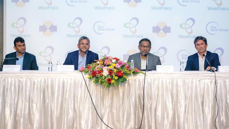 CEO, WindForce, Lasith Wimalasena, Managing Director, WindForce, Manjula Perera, Director and CEO, Lakdhanavi, M. J. M. N. Marikkar  and CEO and Co-Founder, The Blue Circle, Olivier Duguet in Colombo. Pic: Wimal Karunatillike