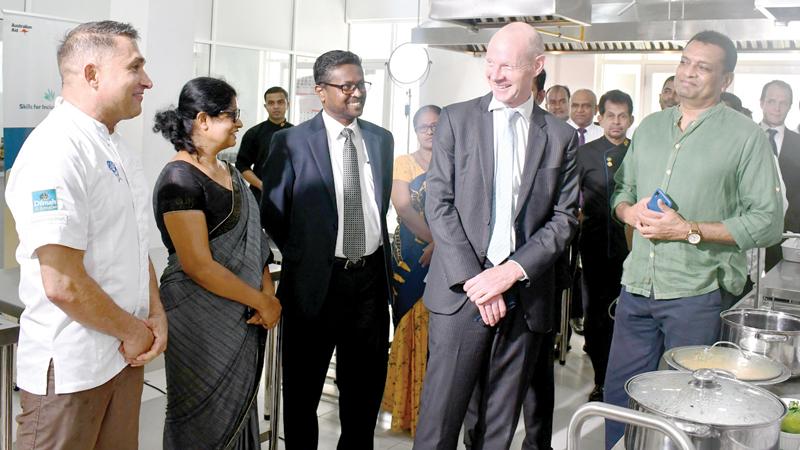 The Australian High Commissioner to Sri Lanka Paul Stephens, Chairman VTA Air Vice Marshal (Rtd) Prassana Ranasinghe, Internation Chef Peter Kuruvita, Deputy Director, VTA, Galle, Mrs. Jayawardena, District Secretary Shantha Weerasinghe, Chairman Chef Guild of Lanka Gerard Mendis at the newly opened  Training Kitchen at the VTA Ahangama.