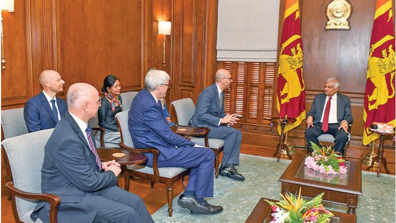 President Ranil Wickremesinghe at a discussion with the  new High Commissioner and two Ambassadors who presented their Credentials last week.  Pic: Courtesy PMD
