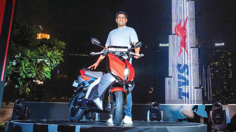 Managing Director, TVS Motor Company, Sudarshan Venu with the new motorcycle.