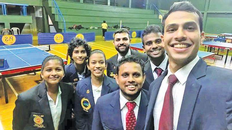 Sri Lanka table tennis team for the Asian Championship: Maneesha Salindi, Hansani Piyumila, Bimandee Bandara, Prasad de Silva, Dinesh Deshapriya, Nuwantha Niroshana, Virunaka Hendahewa, Kumudi de Silva ( Manager and Lady Chaperon)